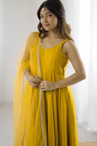Pure roman silk chanderi fabric fully flair anarkali gown with duppta and pent set ready to wear