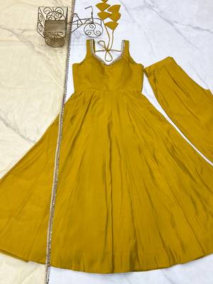 Pure roman silk chanderi fabric fully flair anarkali gown with duppta and pent set ready to wear 5