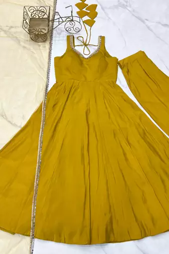 Pure roman silk chanderi fabric fully flair anarkali gown with duppta and pent set ready to wear