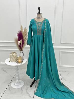 Pure roman silk chanderi fabric fully flair anarkali gown with duppta and pent set ready to wear 4