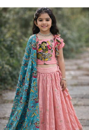 Designer Chinon Silk Embroidery With Digital Printed Peach Lehenga Choli 4