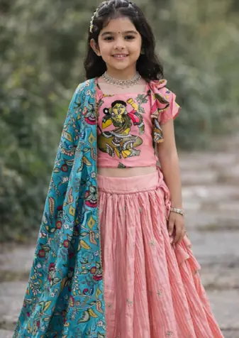 Designer Chinon Silk Embroidery With Digital Printed Peach Lehenga Choli