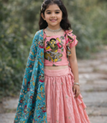 Designer Chinon Silk Embroidery With Digital Printed Peach Lehenga Choli