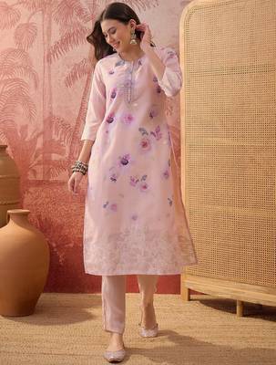 Women chanderi printed mauve kruta set 1