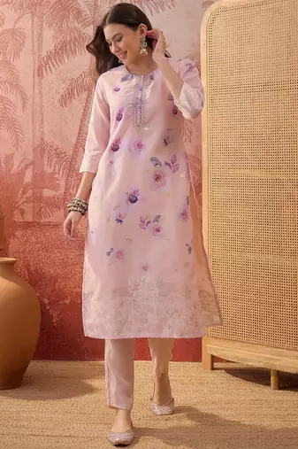 Women chanderi printed mauve kruta set