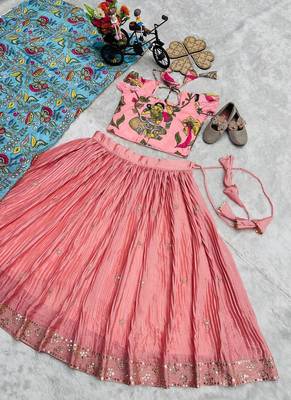 Designer Chinon Silk Embroidery With Digital Printed Peach Lehenga Choli 5