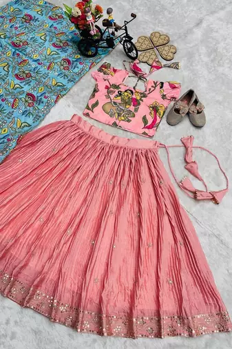 Designer Chinon Silk Embroidery With Digital Printed Peach Lehenga Choli