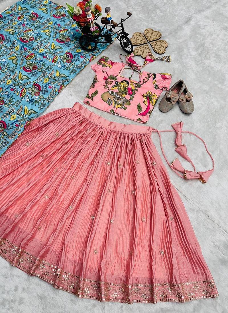 Designer Chinon Silk Embroidery With Digital Printed Peach Lehenga Choli