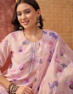 Women chanderi printed mauve kruta set 5