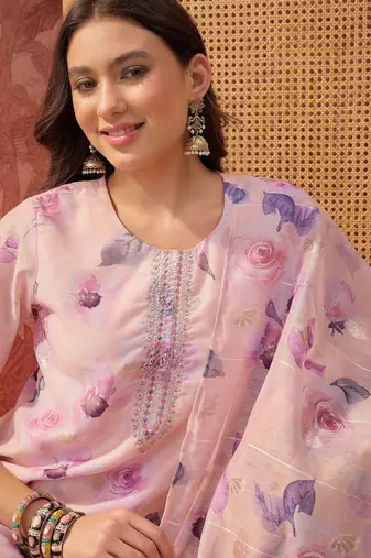 Women chanderi printed mauve kruta set