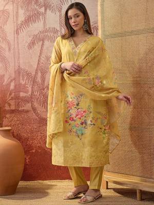 Women chanderi printed mustard kruta set 1