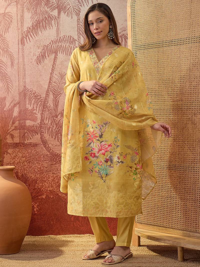 Women chanderi printed mustard kruta set