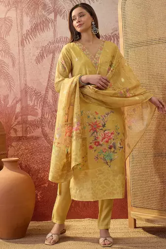 Women chanderi printed mustard kruta set