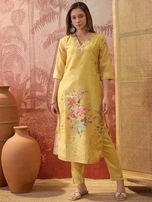 Women chanderi printed mustard kruta set 5