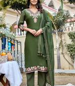 Women Floral Embroidered Empire Thread Work Chanderi Cotton Kurta with Pant & With Dupatta