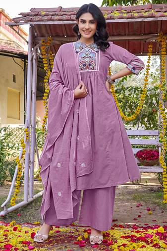 Women Floral Embroidered Empire Thread Work Chanderi Cotton Kurta with Pant & With Dupatta