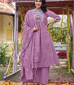 Women Floral Embroidered Empire Thread Work Chanderi Cotton Kurta with Pant & With Dupatta