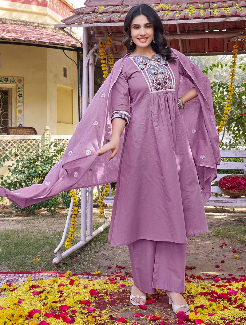 Women Floral Embroidered Empire Thread Work Chanderi Cotton Kurta with Pant & With Dupatta