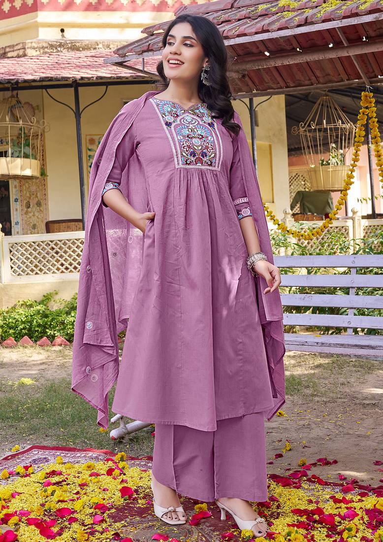 Women Floral Embroidered Empire Thread Work Chanderi Cotton Kurta with Pant & With Dupatta