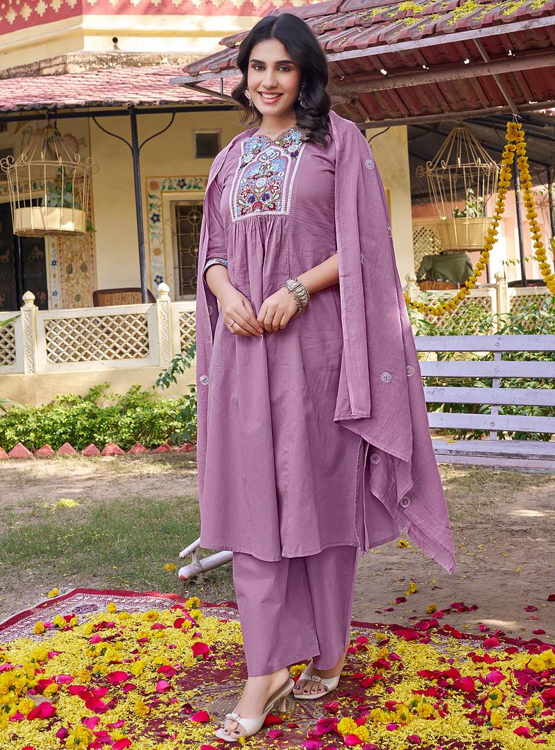 Women Floral Embroidered Empire Thread Work Chanderi Cotton Kurta with Pant & With Dupatta