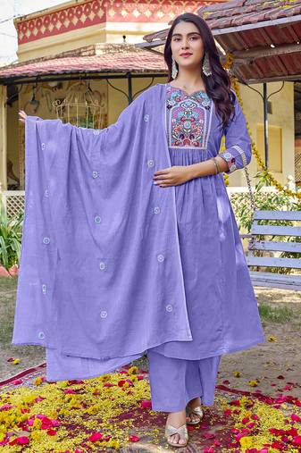 Women Floral Embroidered Empire Thread Work Cotton Cambridge Kurta  Pant & With Dupatta