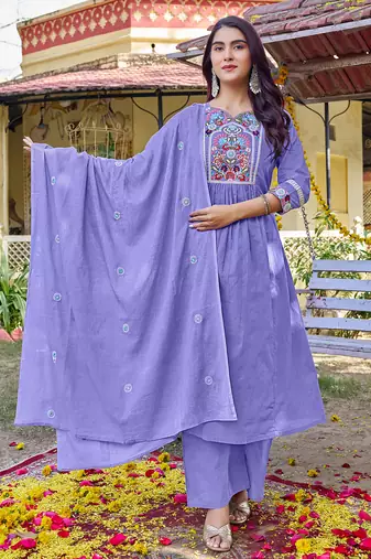 Women Floral Embroidered Empire Thread Work Cotton Cambridge Kurta  Pant & With Dupatta