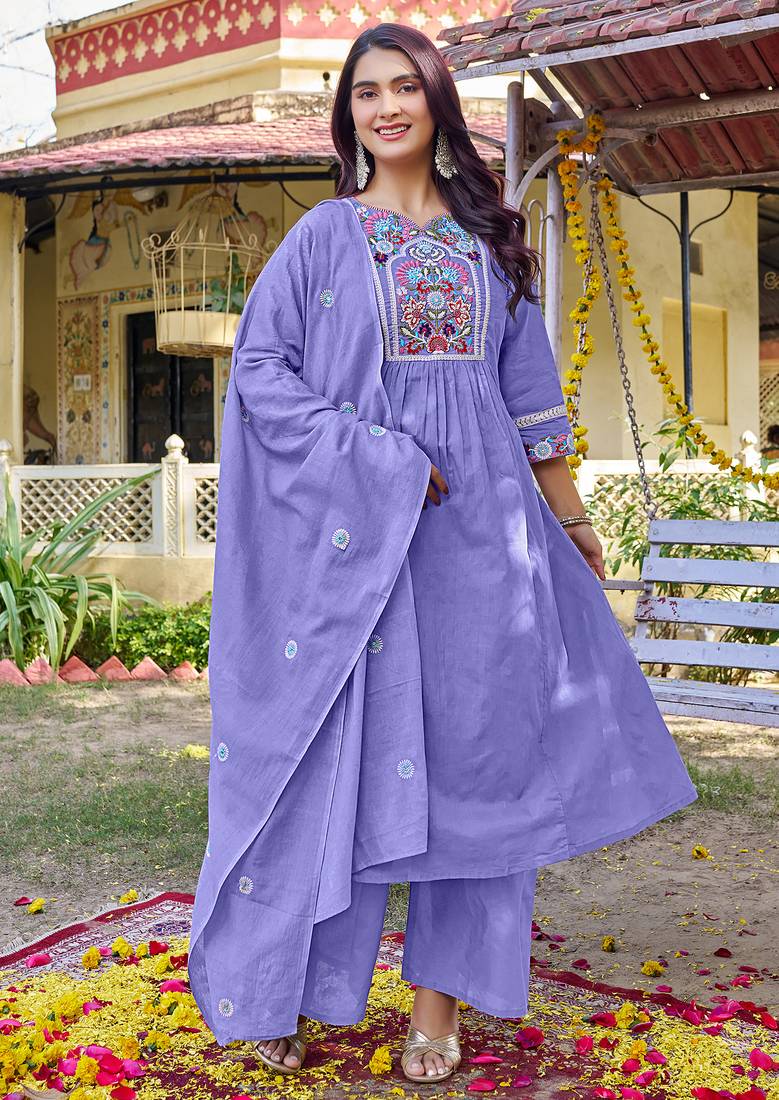 Women Floral Embroidered Empire Thread Work Cotton Cambridge Kurta  Pant & With Dupatta