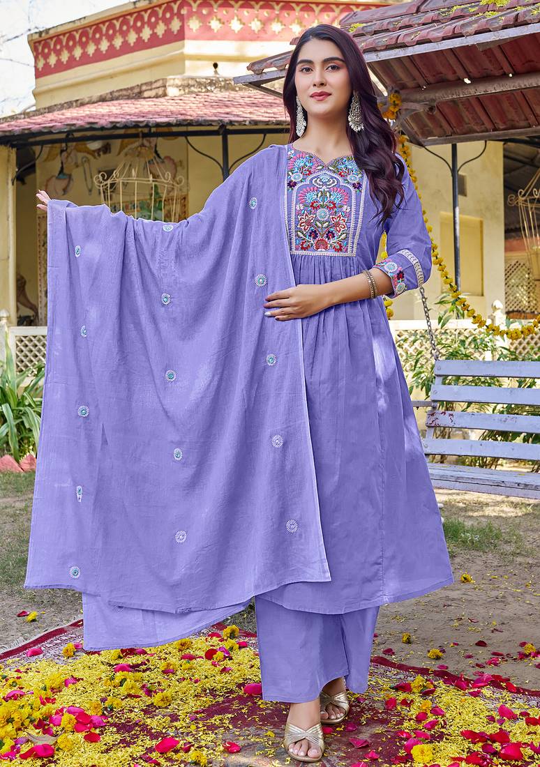 Women Floral Embroidered Empire Thread Work Cotton Cambridge Kurta  Pant & With Dupatta