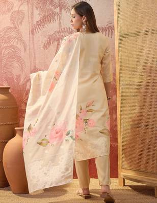 Women chanderi printed cream kruta set 2