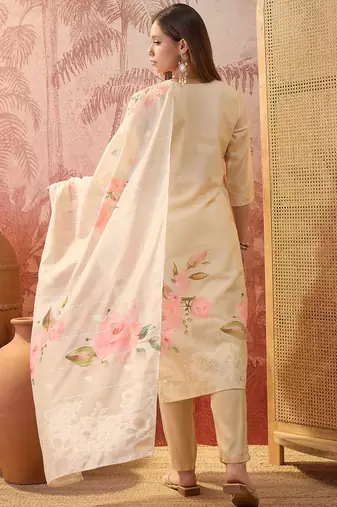 Women chanderi printed cream kruta set