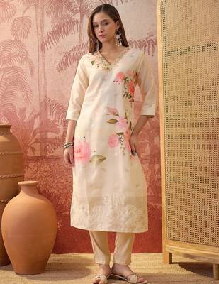 Women chanderi printed cream kruta set 1
