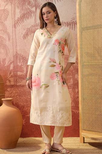 Women chanderi printed cream kruta set