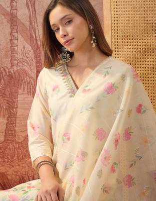 Women chanderi printed cream kruta set 3