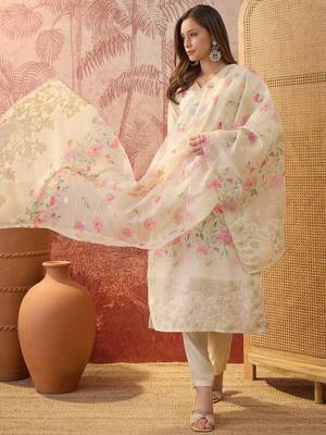 Women chanderi printed cream kruta set 4