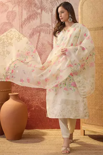 Women chanderi printed cream kruta set