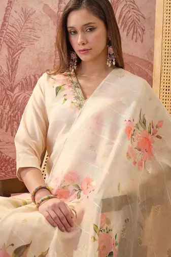 Women chanderi printed cream kruta set