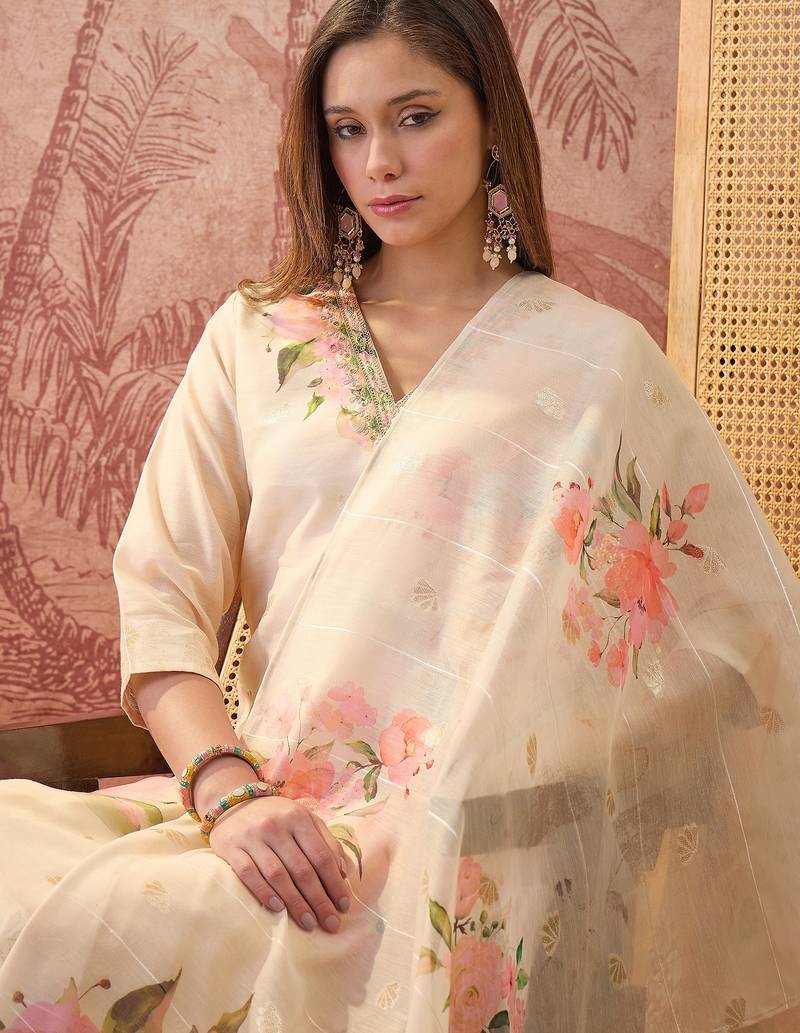 Women chanderi printed cream kruta set