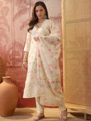 Women chanderi printed cream kruta set 1