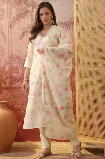 Women chanderi printed cream kruta set