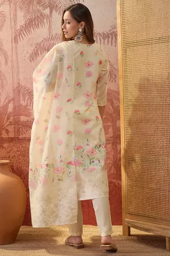 Women chanderi printed cream kruta set