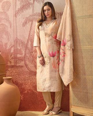Women chanderi printed beige kruta set 4