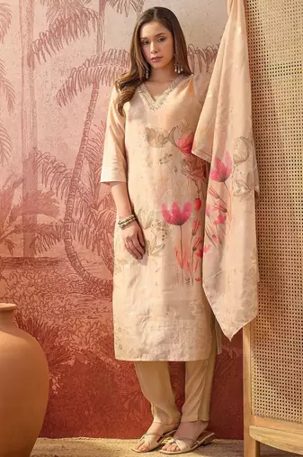 Women chanderi printed beige kruta set