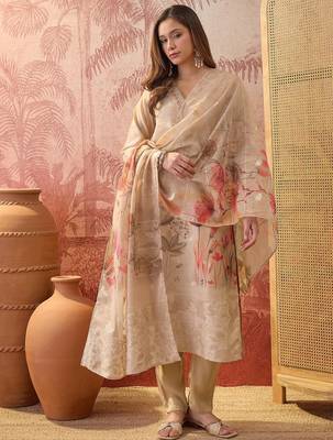 Women chanderi printed beige kruta set 1