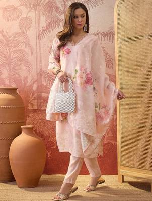 Women chanderi printed peach kruta set 1