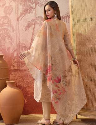 Women chanderi printed beige kruta set 5