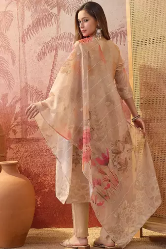 Women chanderi printed beige kruta set