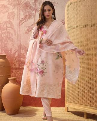 Women chanderi printed peach kruta set 2