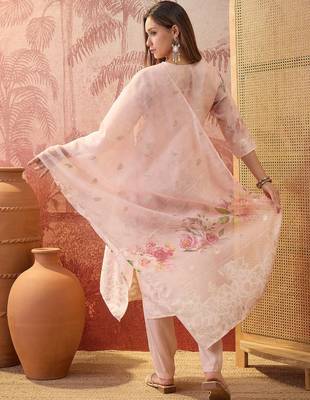 Women chanderi printed peach kruta set 3