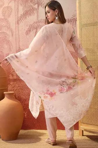 Women chanderi printed peach kruta set