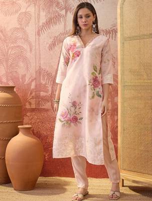 Women chanderi printed peach kruta set 4